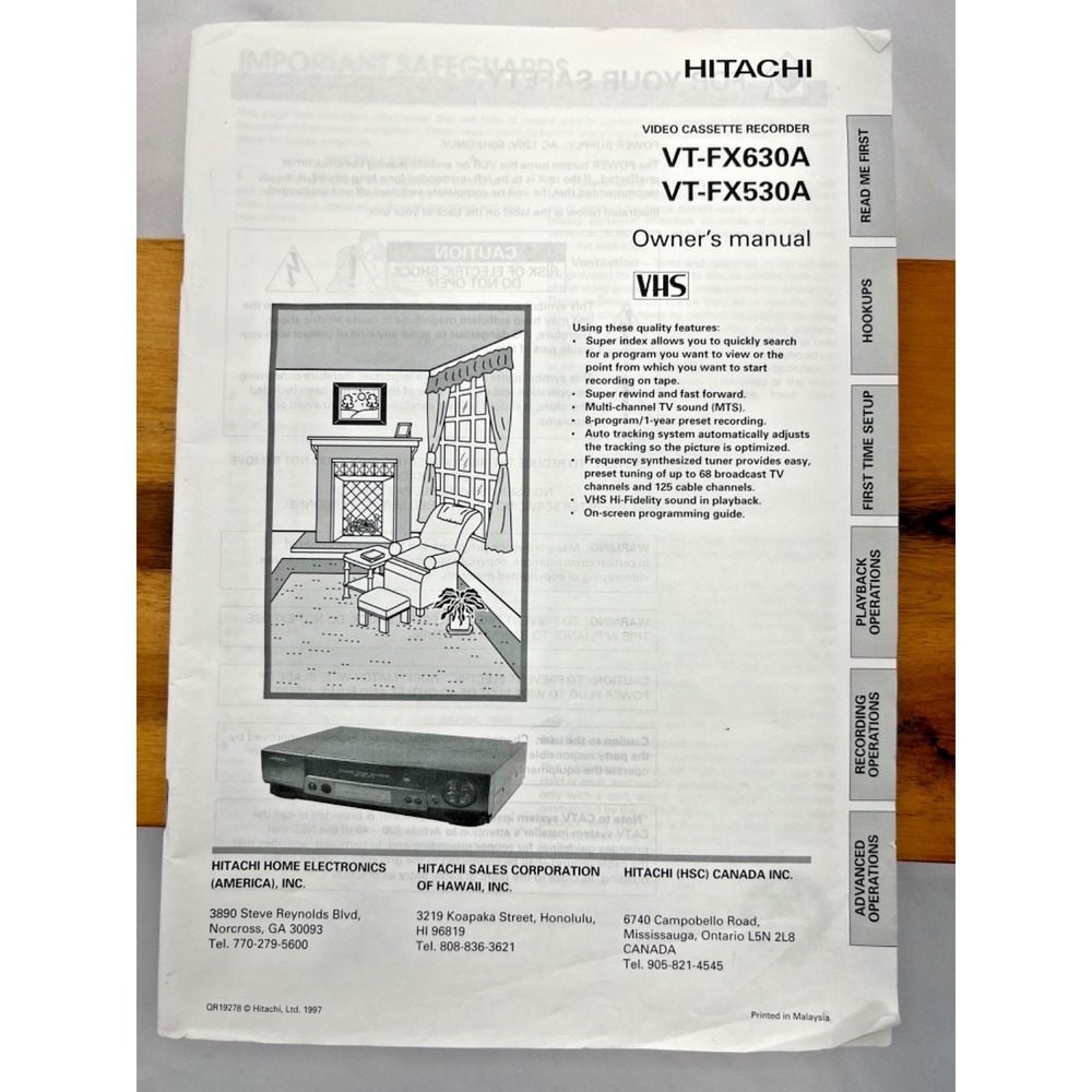 Hitachi VT-FX630A VT-FX530A VCR Owner's Manual Original OEM 1997